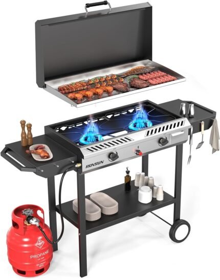 Durable outdoor cooking stove with 2 burners, auto-ignition, and 150,000 BTU output for backyard grilling.
