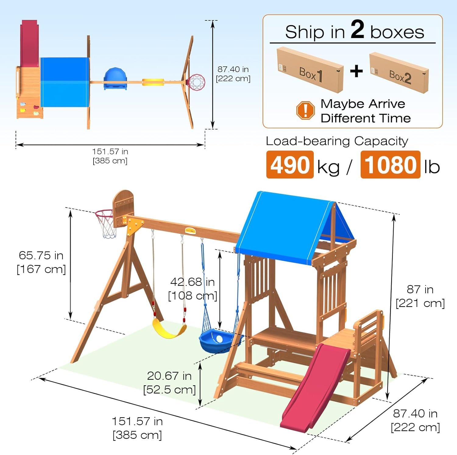 Swing Set for Kids - Wooden Playground with Slide and Climbing Wall - Multifunctional swing set for kids with a 3-in-1 table for picnic, water play, and sand play.