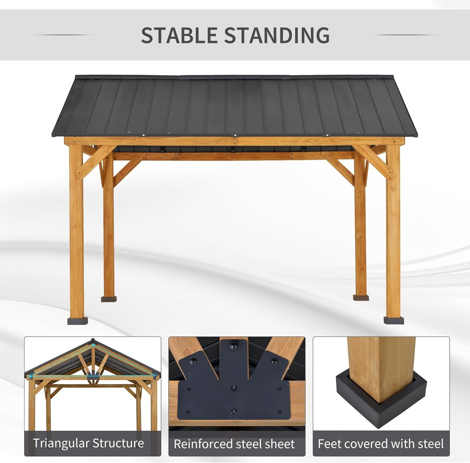Wooden Gazebo – Premium 11x13 Hardtop Pavilion for Patio - 71s8 Strong steel feet of the wooden gazebo keep it firmly anchored outdoors.