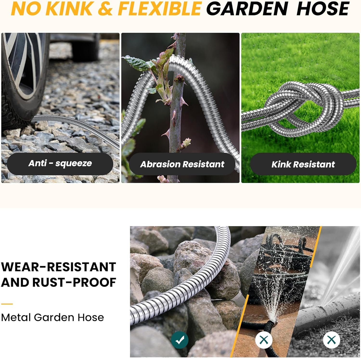 Heavy Duty Hose – Lefree 100ft Metal Garden Hose with Brass Connectors - The heavy duty hose includes a 10-function nozzle for multiple spray options like mist, jet, and shower.