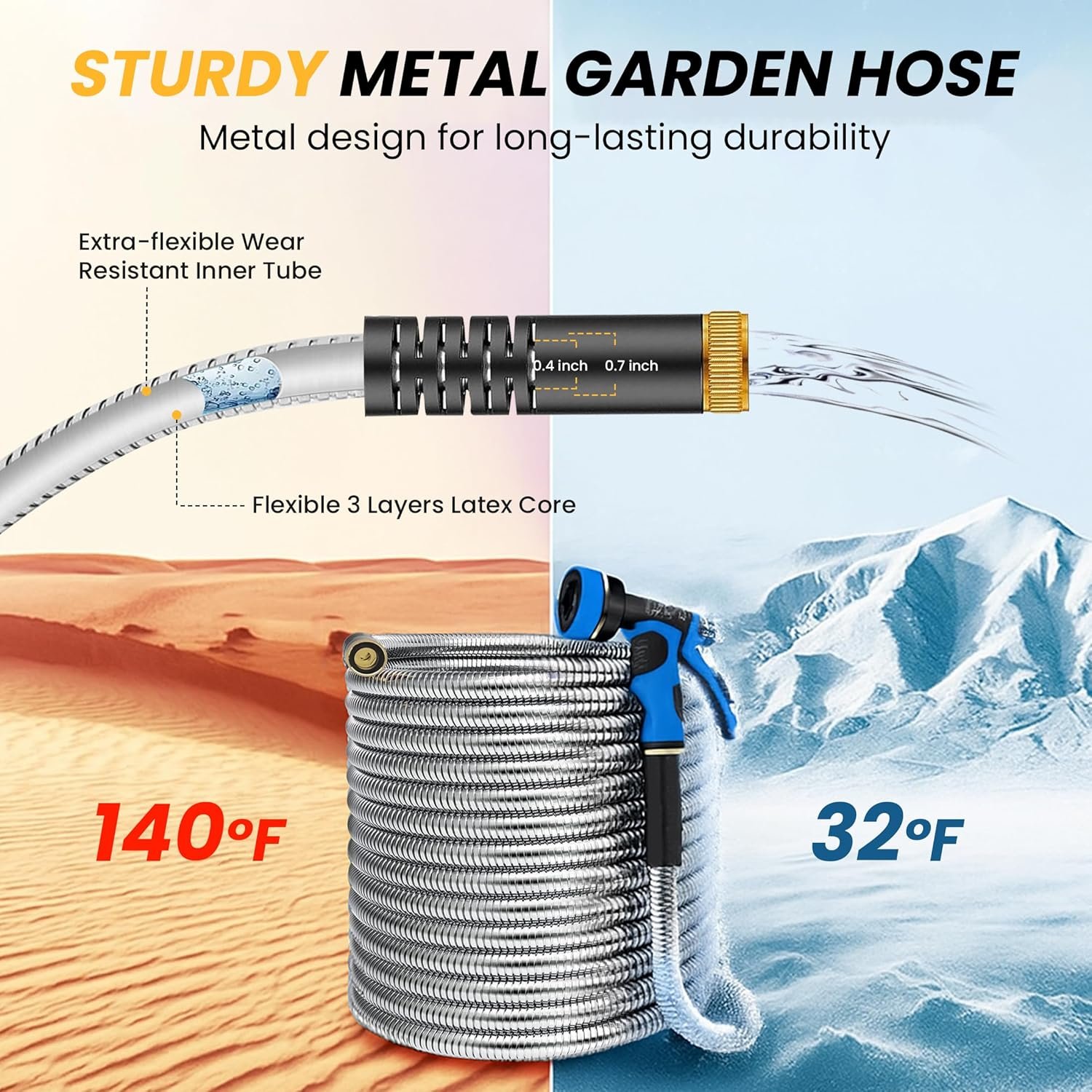 Heavy Duty Hose – Lefree 100ft Metal Garden Hose with Brass Connectors - 81zwSd 6oNL. AC SL1500 Close-up of the heavy duty hose with solid brass connectors ensuring a leak-free connection.