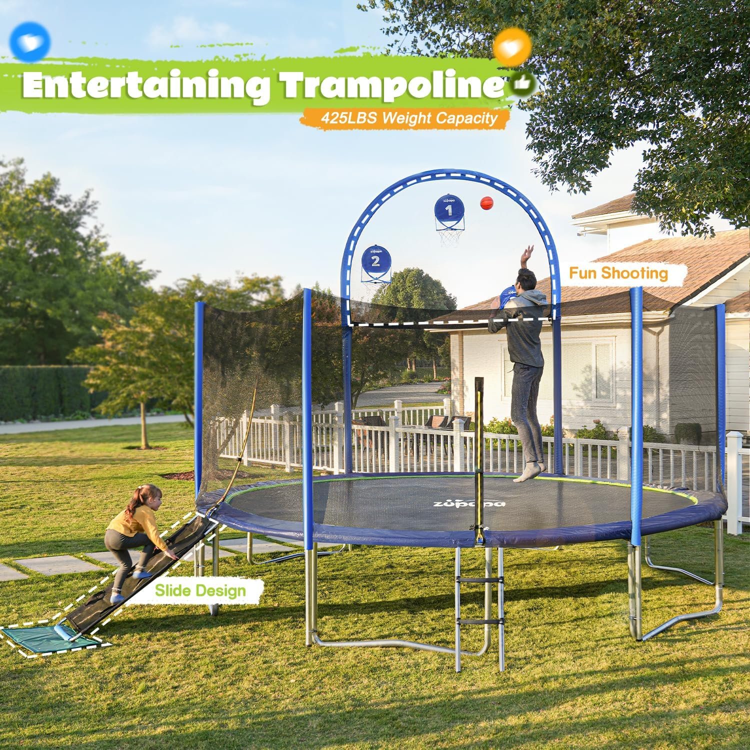 Outdoor Trampoline - Zupapa 1500LBS Weight Capacity Trampoline - 91hImm EQRL. AC SL1500 The outdoor trampoline with 1500LBS weight capacity and safety net, perfect for family fun and safe jumping.