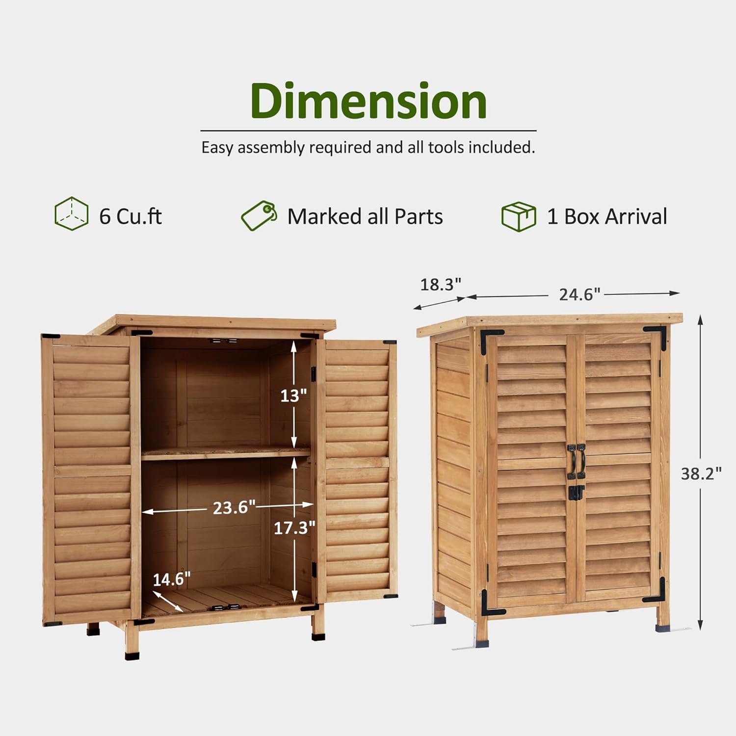 Compact Wood Shed Small Garden Storage Cabinet - 715d7DHO fL. AC SL1500 Small tool shed displaying the compact dimensions (24.6" x 18.3" x 38.2") perfect for a porch, patio, or small yard.