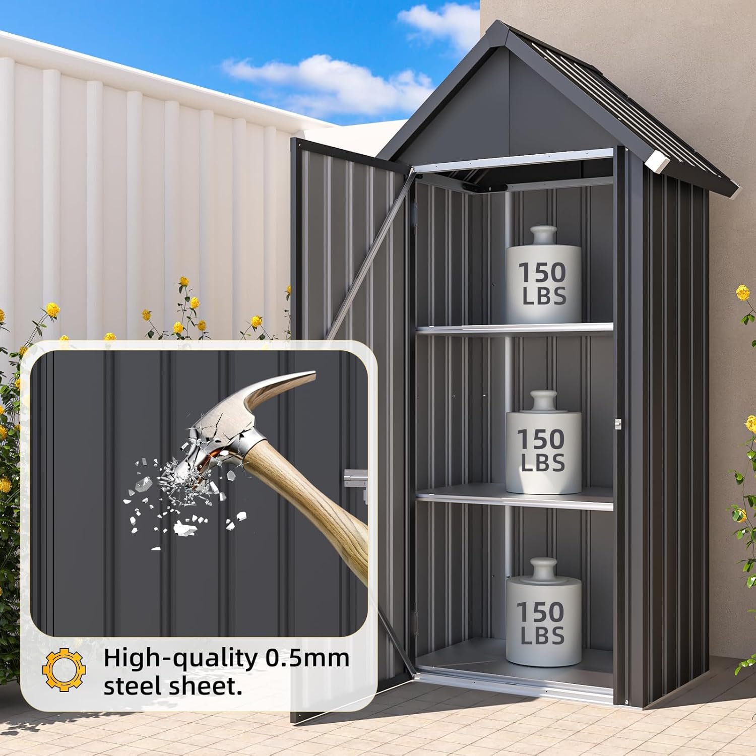 Secure storage shed Tall Waterproof Vertical - 71XX6pcuvVL. AC SL1500 storage shed interior view showing the 3 adjustable shelves for customizable organization of tools and supplies.