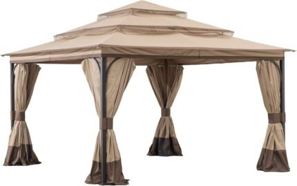 Canopy Gazebo replacement top in Khaki color shown fully assembled on the 13x13 gazebo structure.