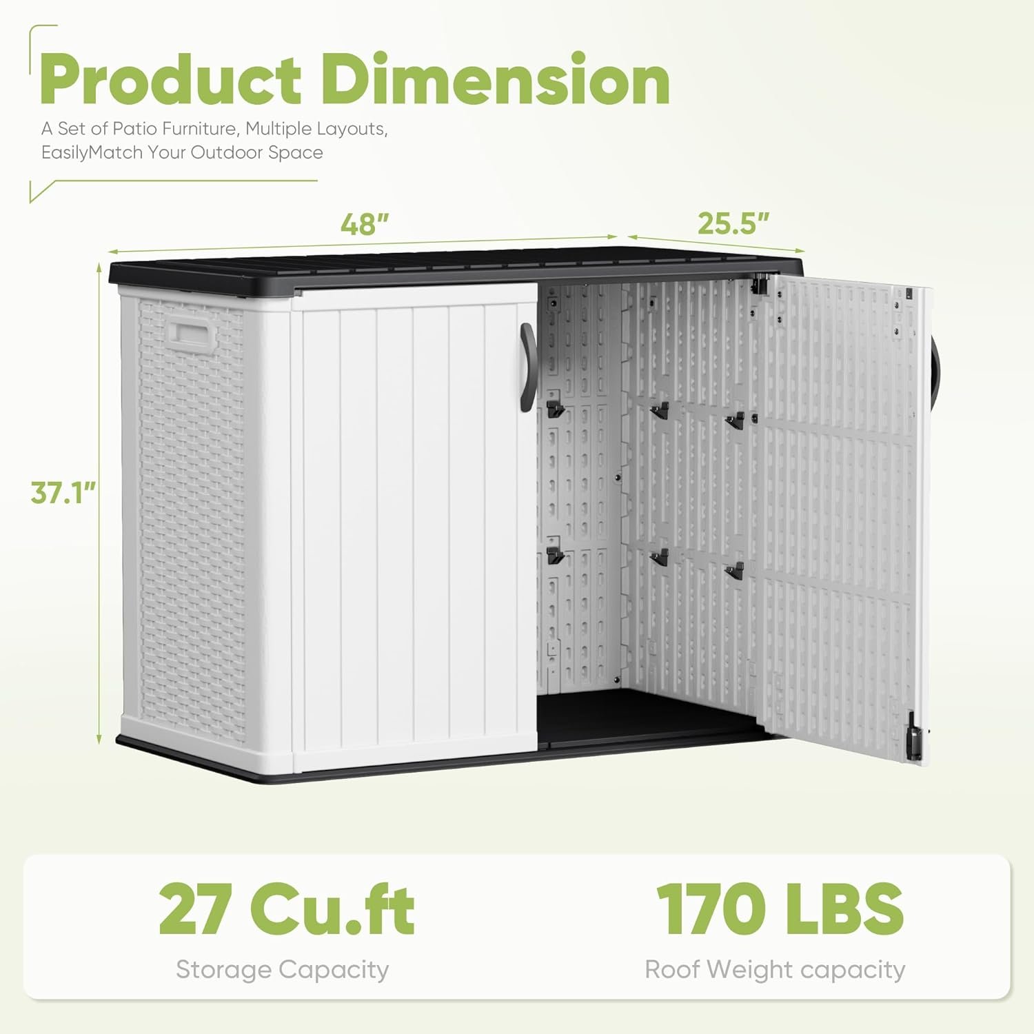 Large shed Horizontal Waterproof 26 Cu Ft - shed displaying the dimensions (25.5"D x 48"W x 37.1"H) and the 55.78 Pounds item weight.