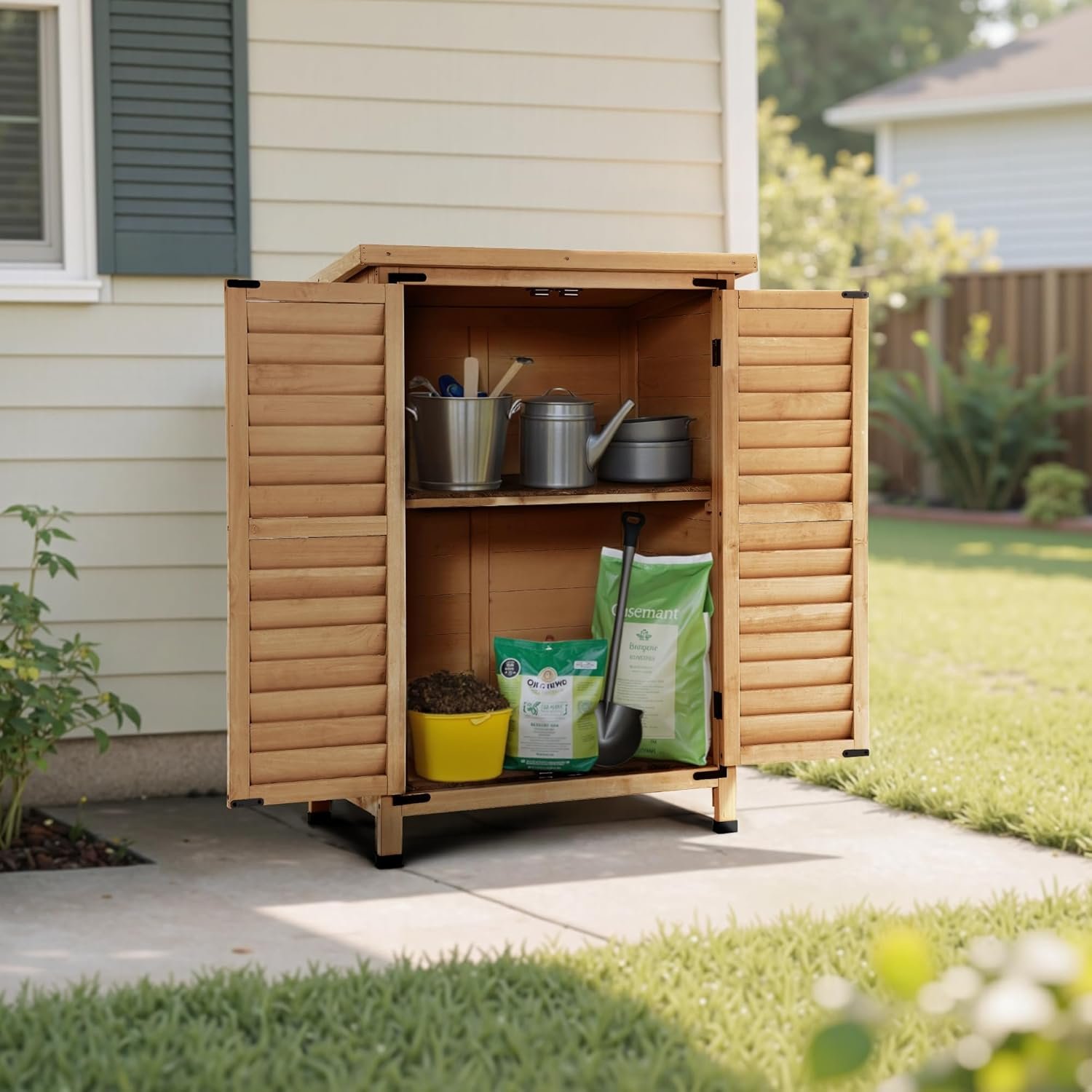 Compact Wood Shed Small Garden Storage Cabinet - 71owOCkXeeL. AC SL1500 Small outdoor storage cabinet highlighting the high-quality pure fir wood construction and polished, rustic exterior style.