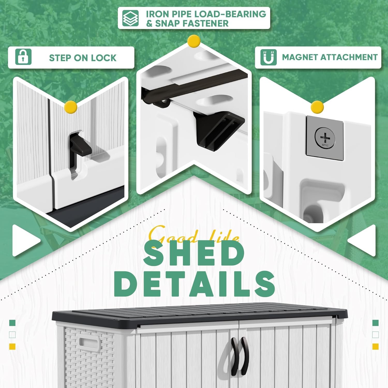 Large shed Horizontal Waterproof 26 Cu Ft - 81MMzli9i4L. AC SL1500 shed focusing on the safe storage features, including the foot switch with bottom pin and top magnet for secure closure.