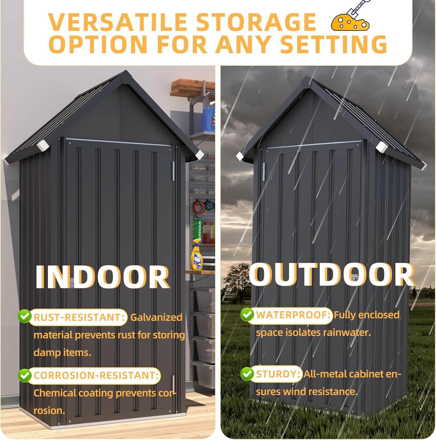 Secure storage shed Tall Waterproof Vertical - storage shed showing the dimensions (21.5"D x 34"W x 70"H) and minimal footprint ideal for patios and small yards.