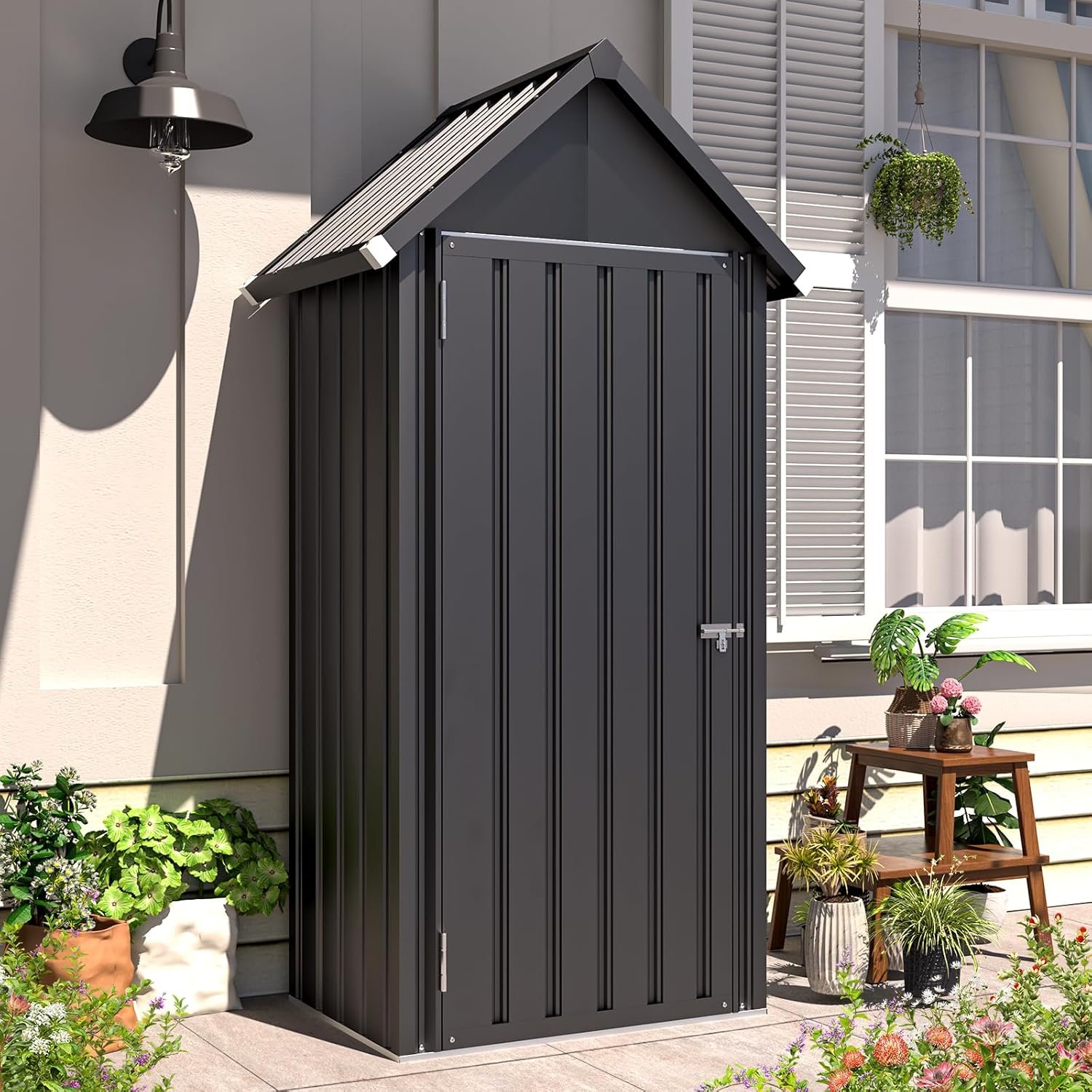 Secure storage shed Tall Waterproof Vertical - 81md1 EjmwL. AC SL1500 storage shed image emphasizing the durability of the 0.5mm galvanized metal and rust-resistant coating for all-weather protection.